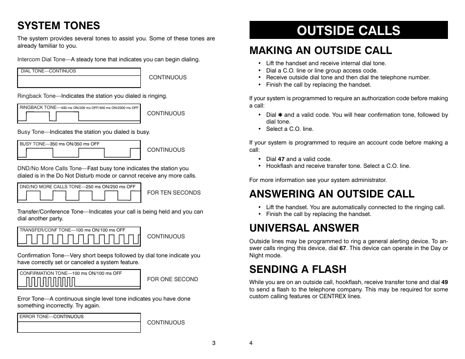Outside calls, System tones, Making an outside call | Answering an outside call, Universal answer, Sending a flash | Samsung iDCS 16 User Manual | Page 4 / 14