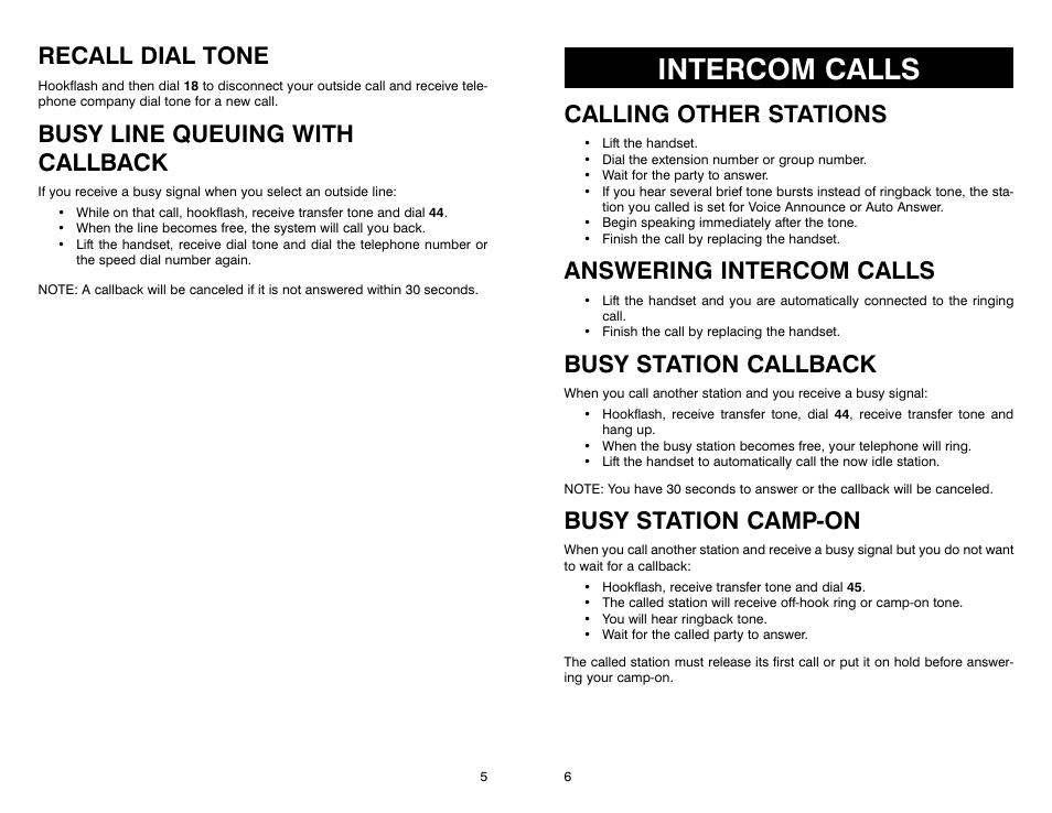 Intercom calls, Recall dial tone, Busy line queuing with callback | Calling other stations, Answering intercom calls, Busy station callback, Busy station camp-on | Samsung iDCS 16 User Manual | Page 5 / 14