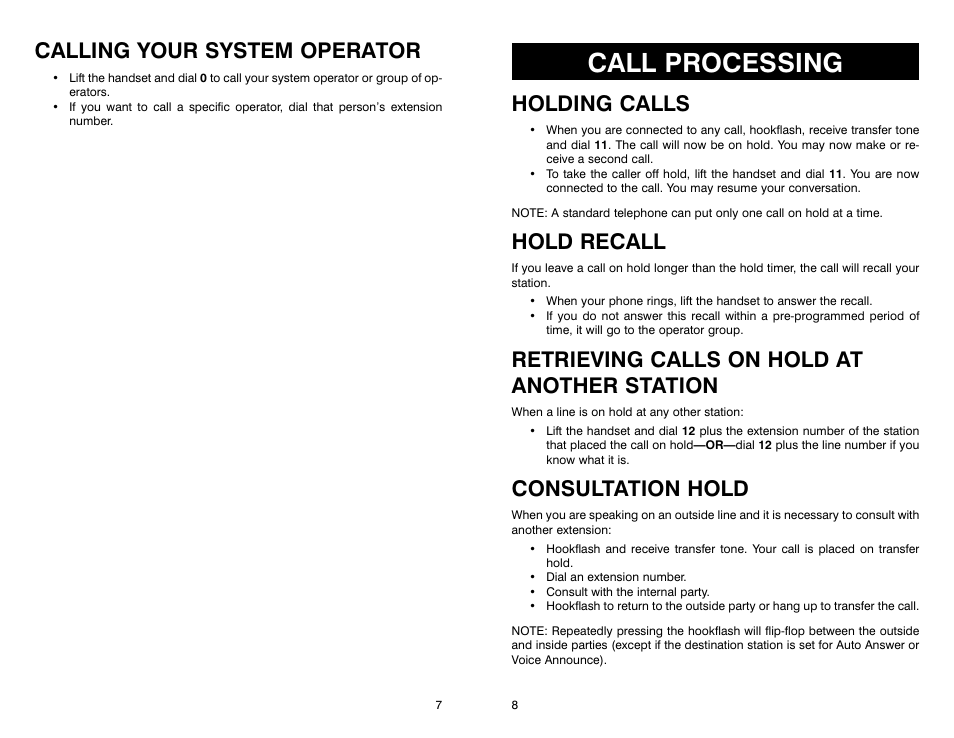 Call processing, Calling your system operator, Holding calls | Hold recall, Retrieving calls on hold at another station, Consultation hold | Samsung iDCS 16 User Manual | Page 6 / 14