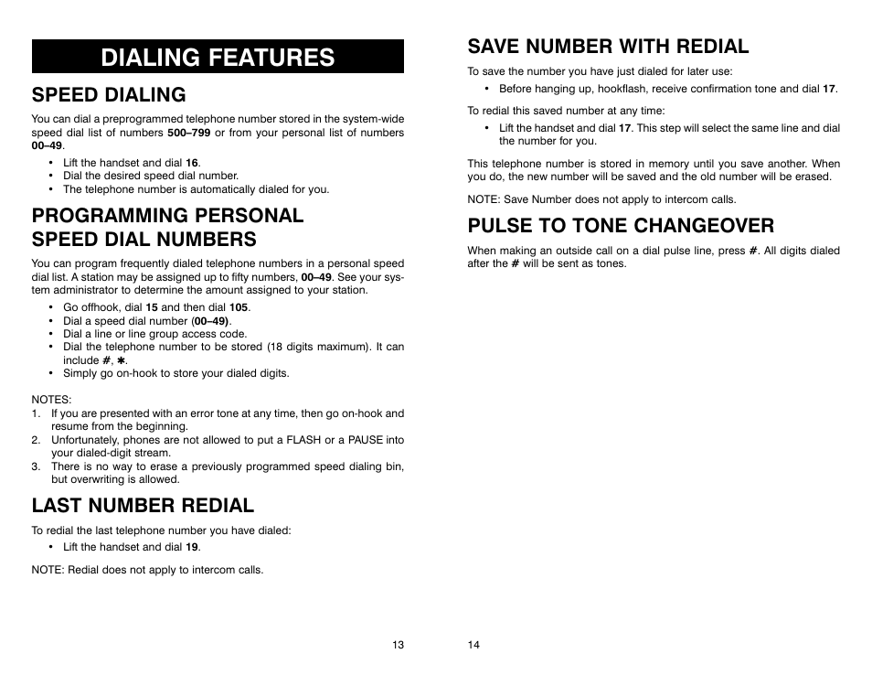 Dialing features, Speed dialing, Programming personal speed dial numbers | Last number redial, Save number with redial, Pulse to tone changeover | Samsung iDCS 16 User Manual | Page 9 / 14