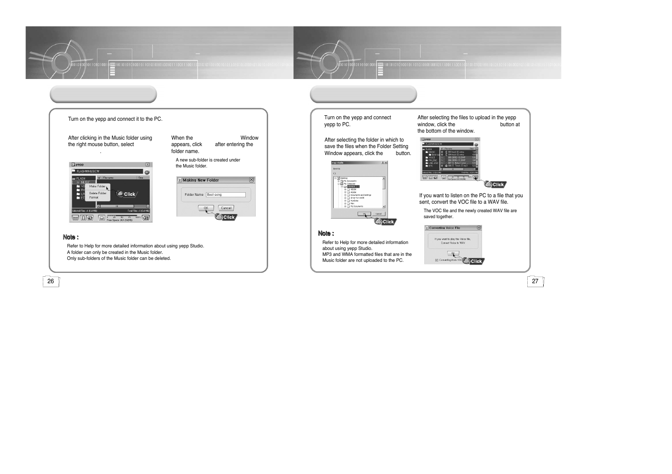 Uploading files, Creating a folder | Samsung yepp' 20051027153106109 User Manual | Page 14 / 33