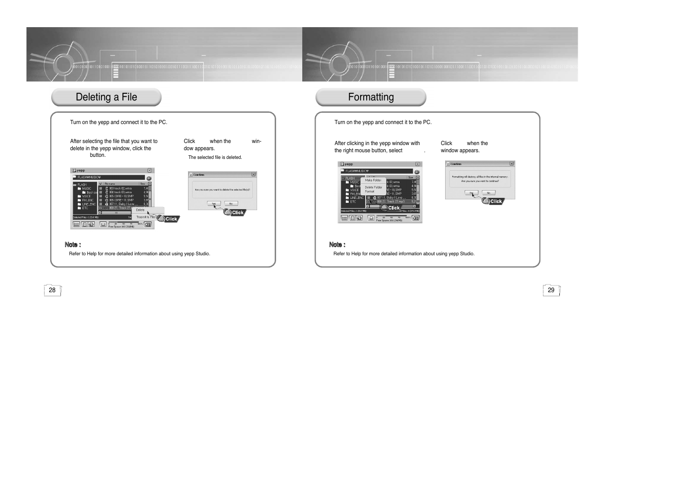 Deleting a file, Formatting | Samsung yepp' 20051027153106109 User Manual | Page 15 / 33