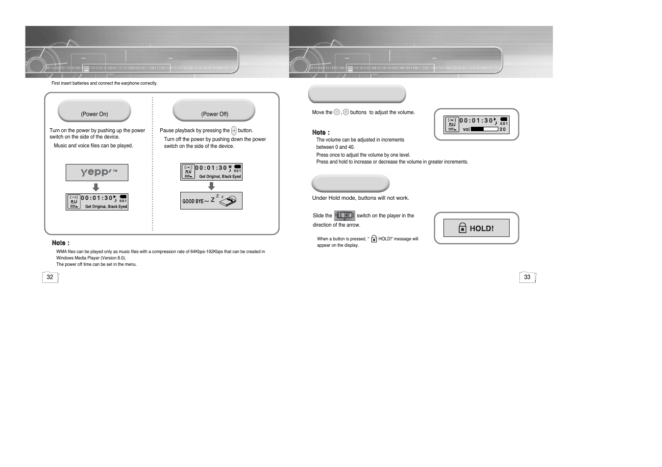Basic usage, Playing music and turning off the device, Adjusting the volume/hold function | Adjusting the volume hold function | Samsung yepp' 20051027153106109 User Manual | Page 17 / 33