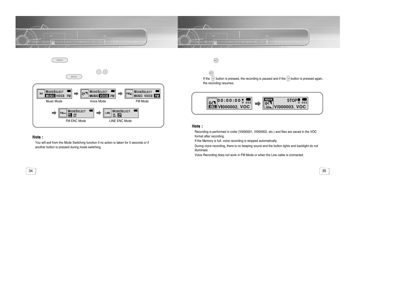 Changing modes, Recording voice | Samsung yepp' 20051027153106109 User Manual | Page 18 / 33