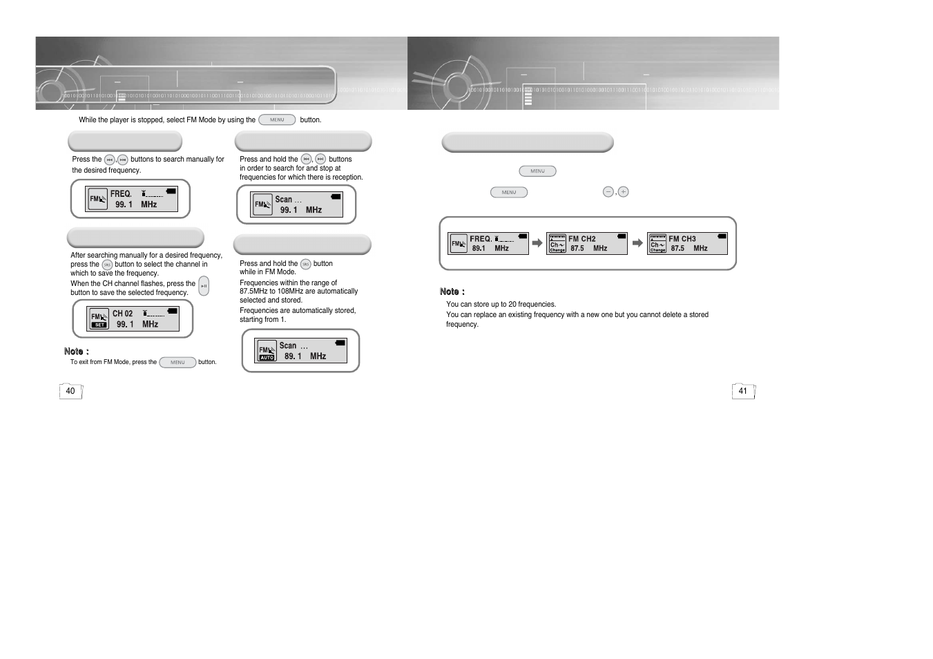 Listening to fm radio, Searching stored frequencies | Samsung yepp' 20051027153106109 User Manual | Page 21 / 33