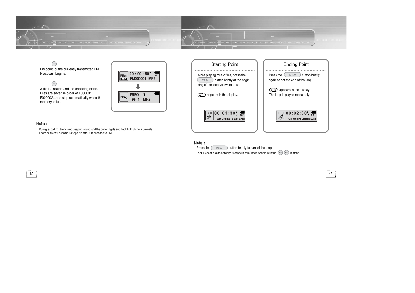 Encoding from fm radio, Additional usage, Loop repeating | Samsung yepp' 20051027153106109 User Manual | Page 22 / 33