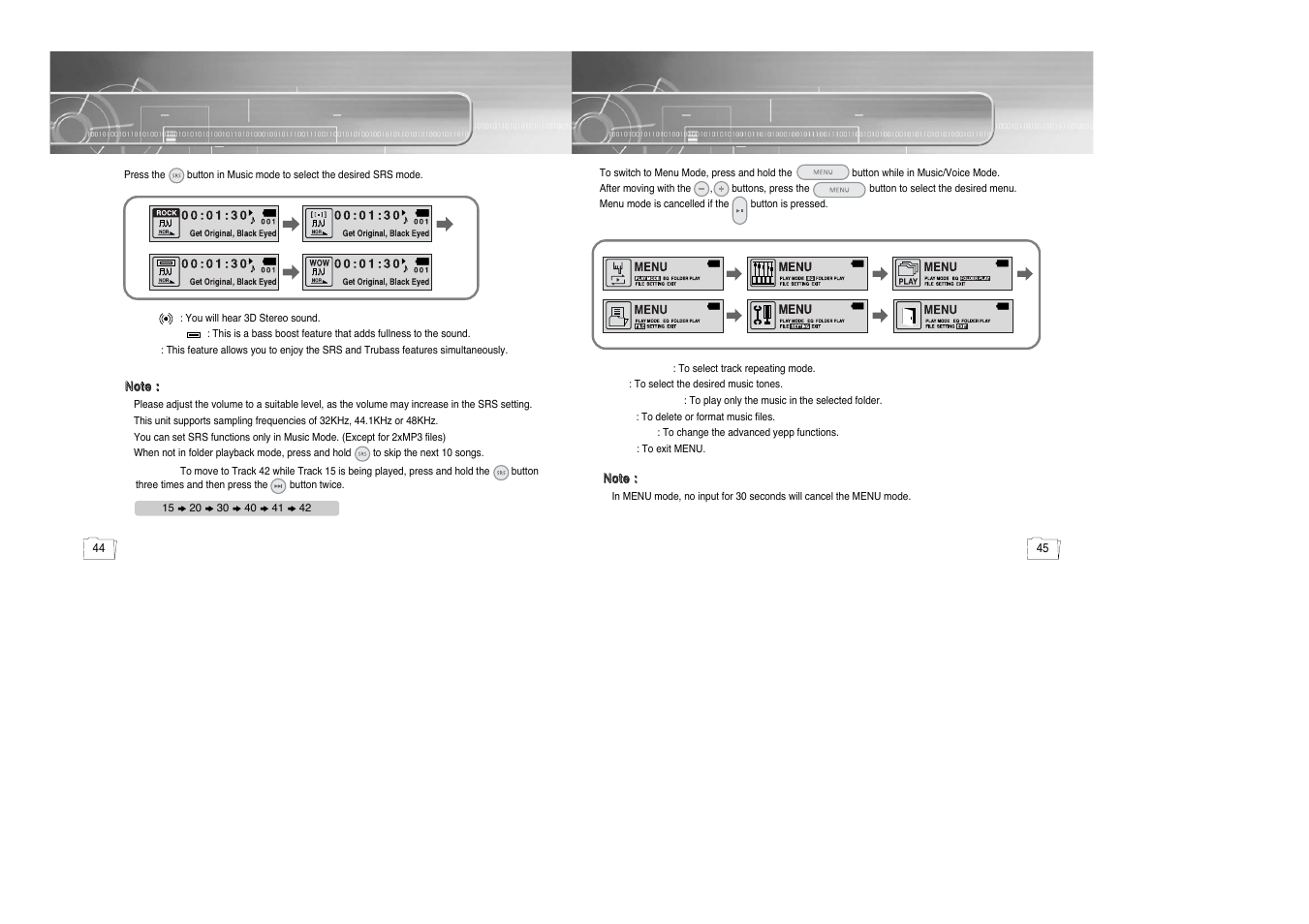 Setting srs, Menu mode | Samsung yepp' 20051027153106109 User Manual | Page 23 / 33