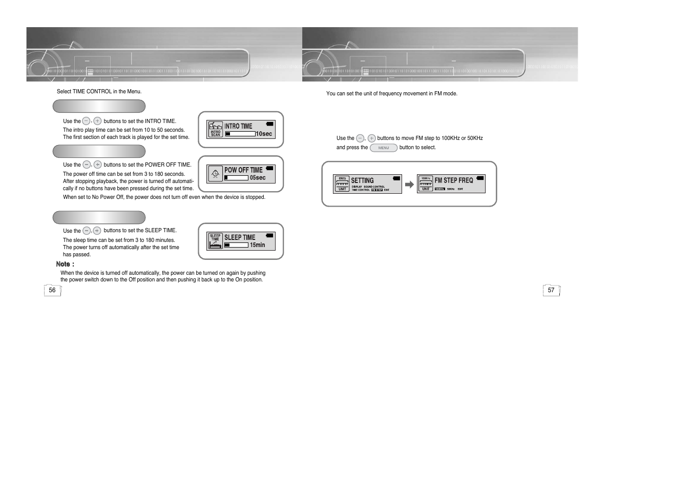 Time control, Setting the fm frequency, Setting the fm frequency unit | Samsung yepp' 20051027153106109 User Manual | Page 29 / 33