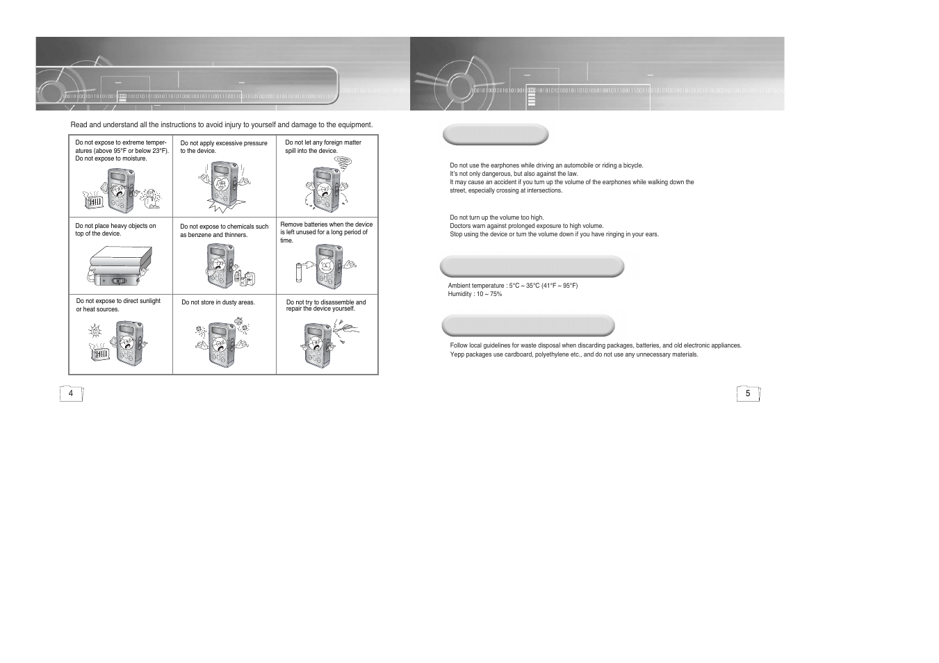 Preparations, Safety instructions, Earphones | Environmental information, Ambient operating conditions | Samsung yepp' 20051027153106109 User Manual | Page 3 / 33