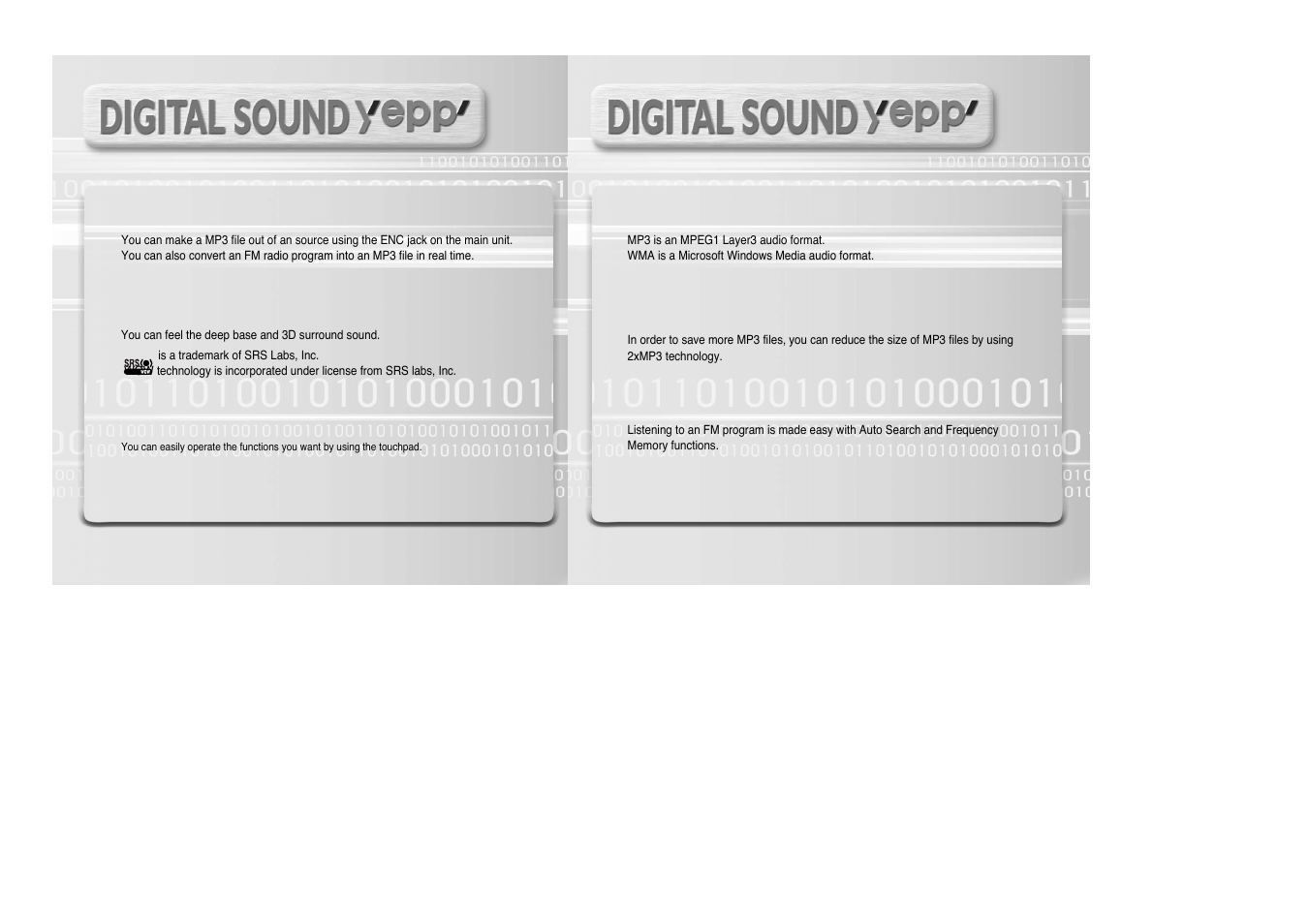 Featuring an encoding function, Supports 3d surround sound, Mp3 & wma playback | Supports 2xmp3, Fm reception, How to operate the touchpad | Samsung yepp' 20051027153106109 User Manual | Page 4 / 33