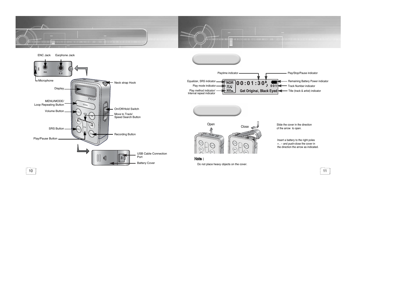 Location of controls (yepp), Display, Inserting a battery | Open | Samsung yepp' 20051027153106109 User Manual | Page 6 / 33