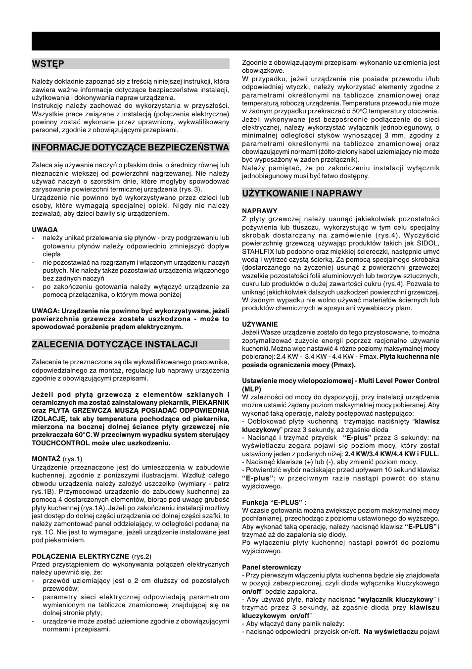 Polski, Wstęp, Informacje dotyczące bezpieczeństwa | Zalecenia dotyczące instalacji, Użytkowanie i naprawy | Ardo PEO58 User Manual | Page 29 / 36