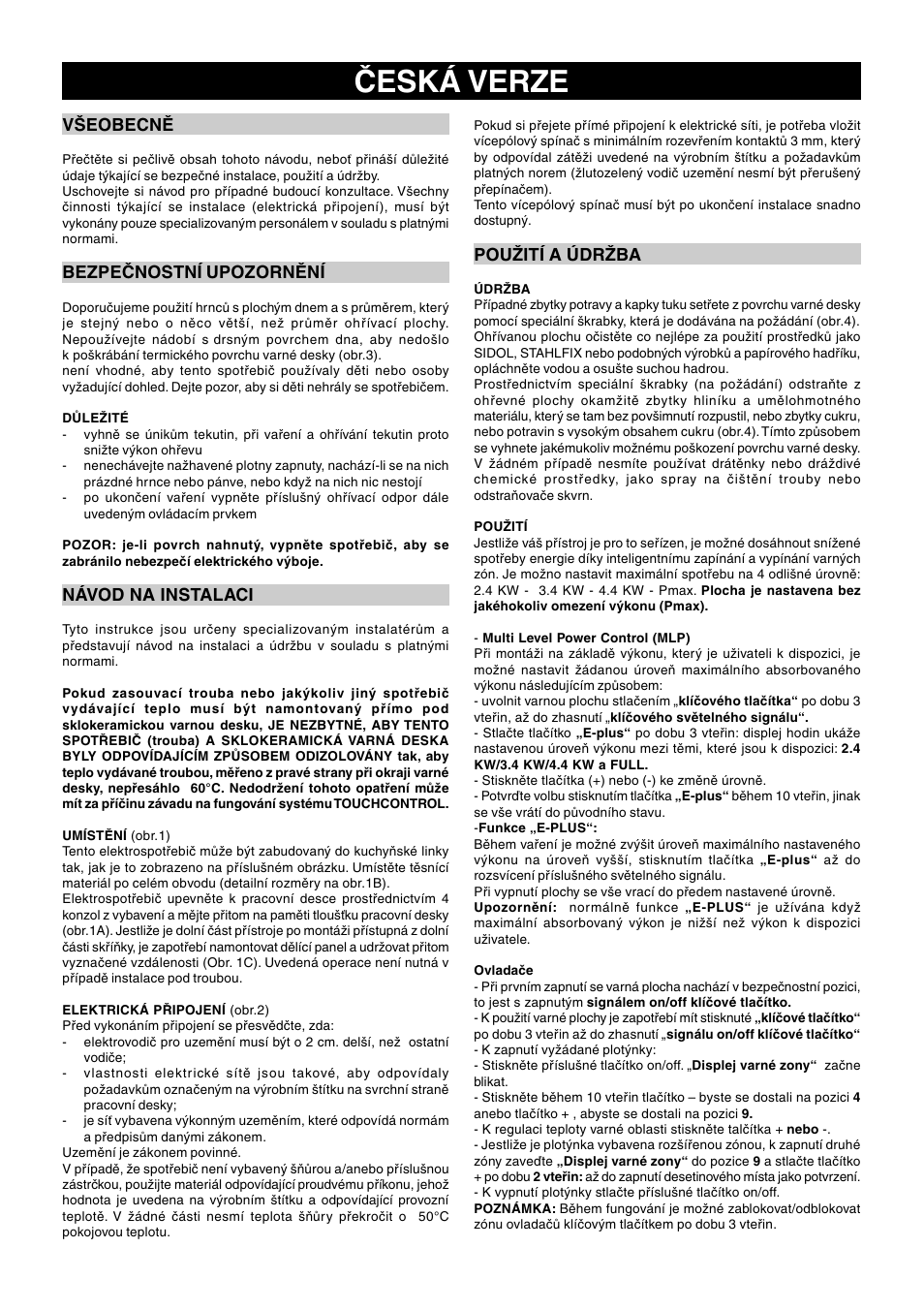 Polsc, Česká verze | Ardo PEO58 User Manual | Page 31 / 36