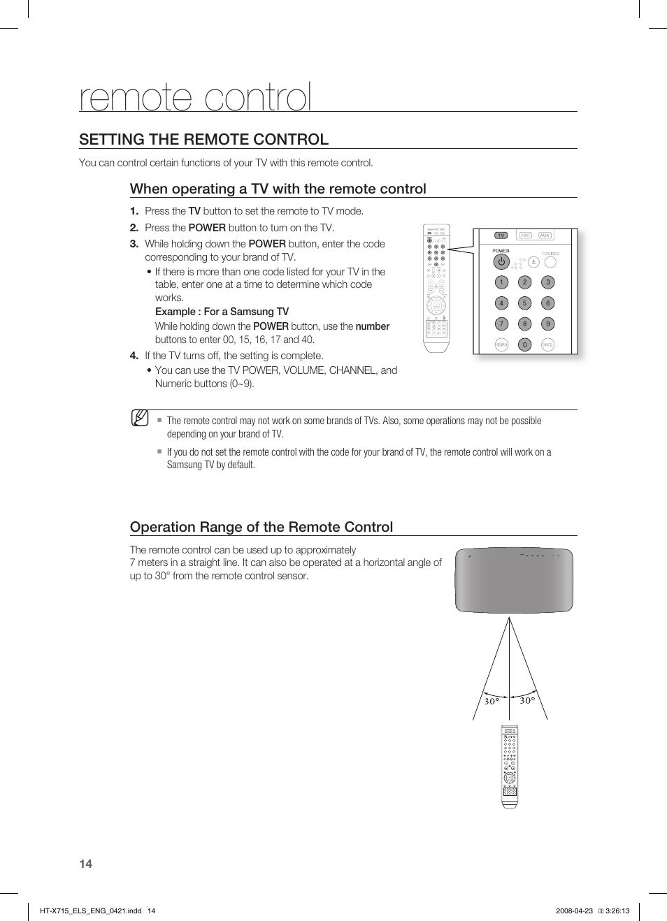 Remote control, Setting the remote control | Samsung HT-TX715 User Manual | Page 14 / 70