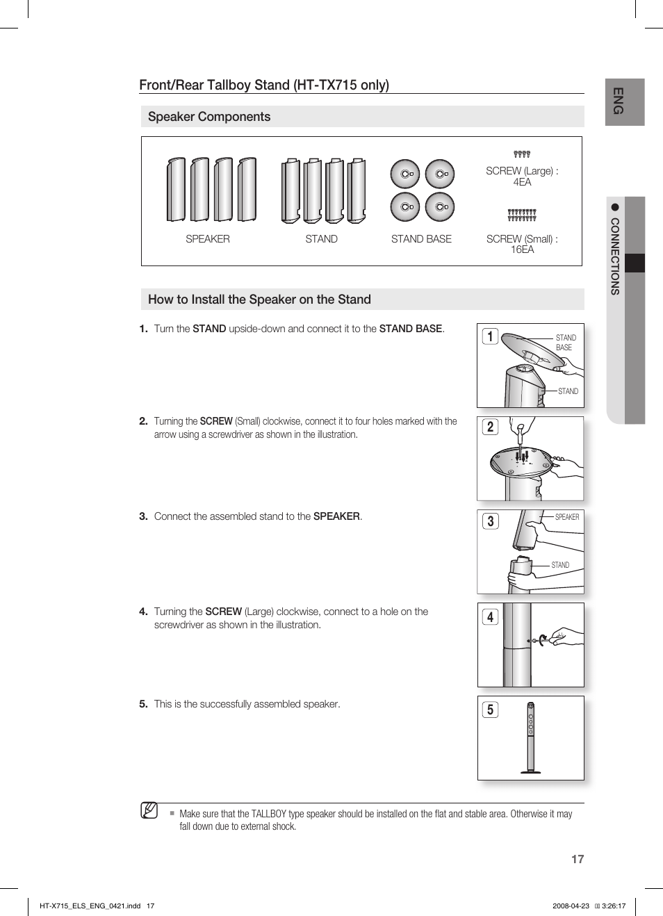 Front/rear tallboy stand (ht-tx715 only) | Samsung HT-TX715 User Manual | Page 17 / 70