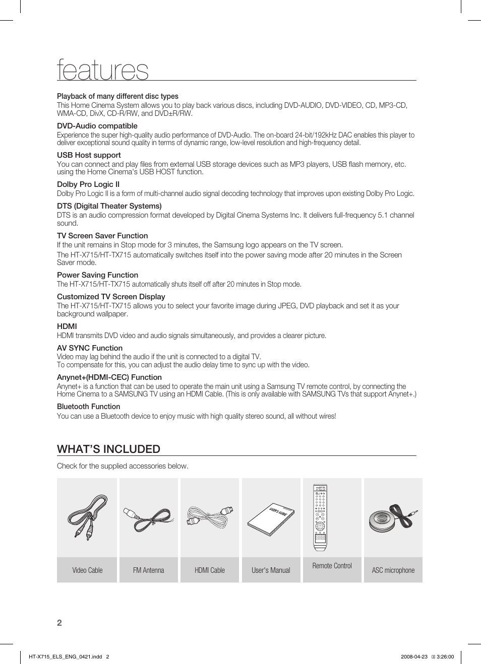 Features, What’s included | Samsung HT-TX715 User Manual | Page 2 / 70