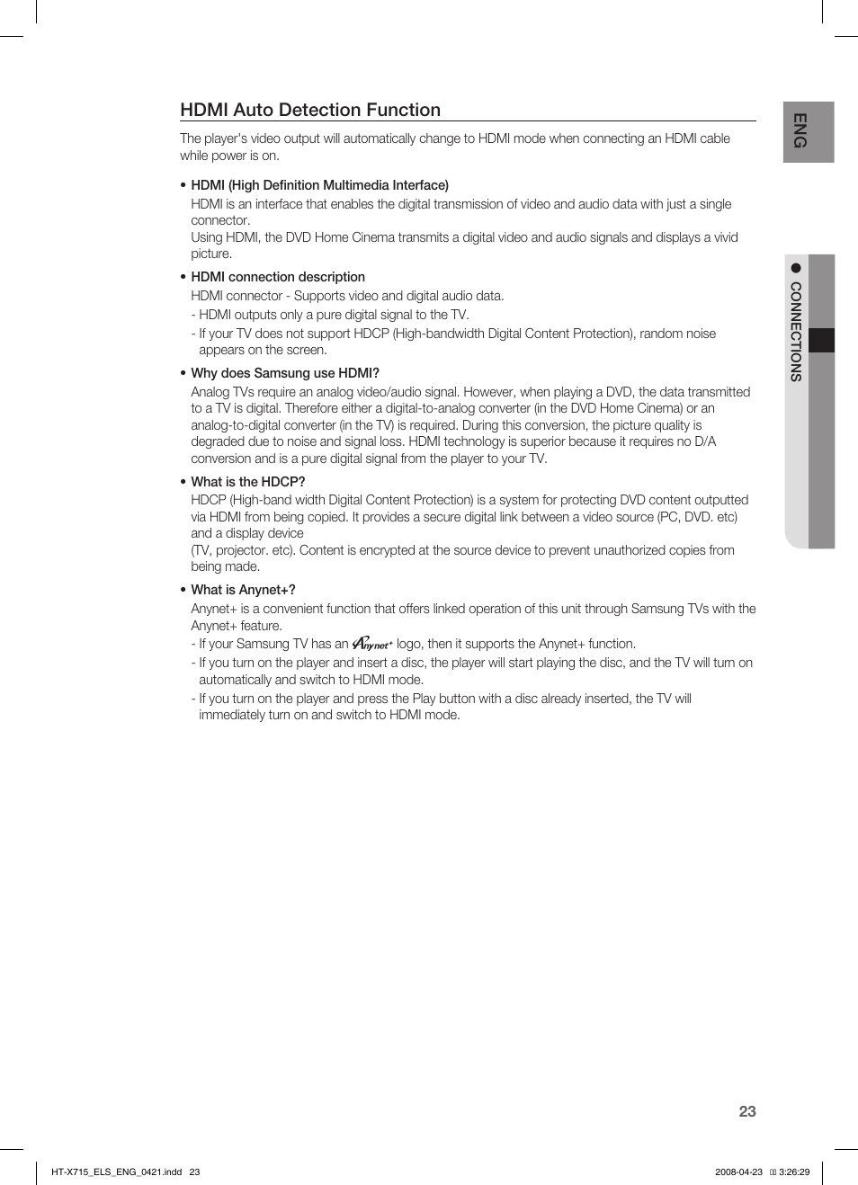 Hdmi auto detection function | Samsung HT-TX715 User Manual | Page 23 / 70