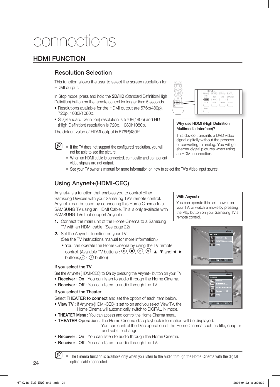 Hdmi function, Connections, Resolution selection | Using anynet+(hdmi-cec) | Samsung HT-TX715 User Manual | Page 24 / 70