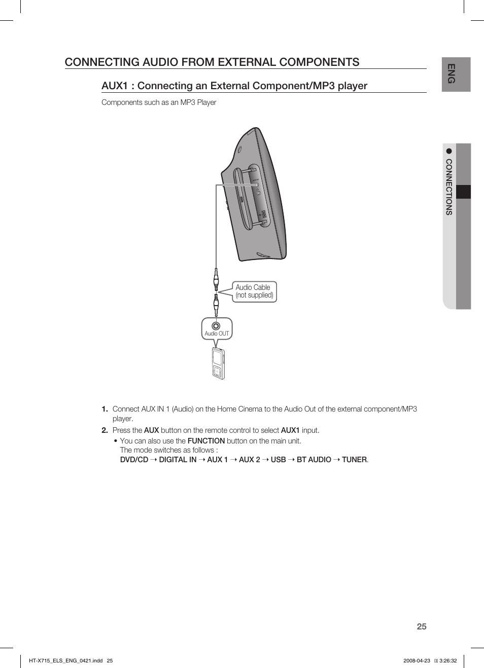 Conecting audio from external components, Connecting audio from external components, Aux1 : connecting an external component/mp3 player | Samsung HT-TX715 User Manual | Page 25 / 70