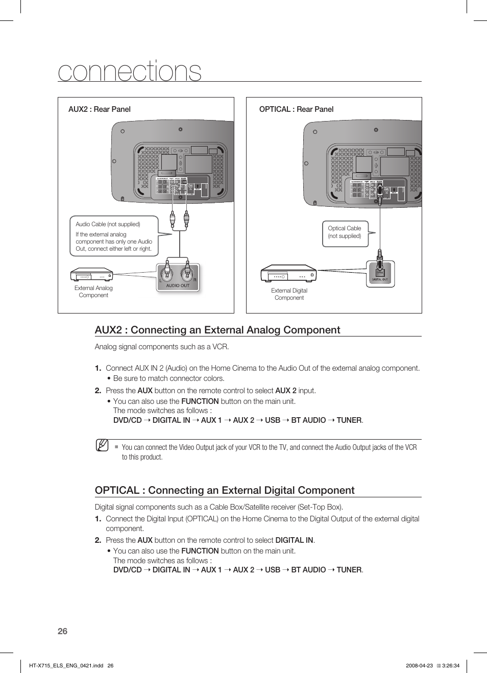 Connections, Aux2 : connecting an external analog component, Optical : connecting an external digital component | Samsung HT-TX715 User Manual | Page 26 / 70