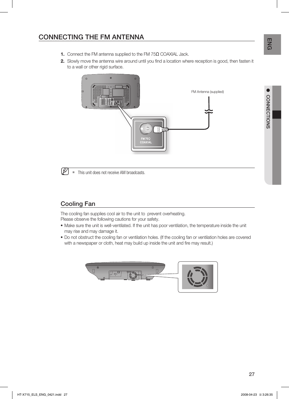 Connecting the fm antenna, Cooling fan | Samsung HT-TX715 User Manual | Page 27 / 70