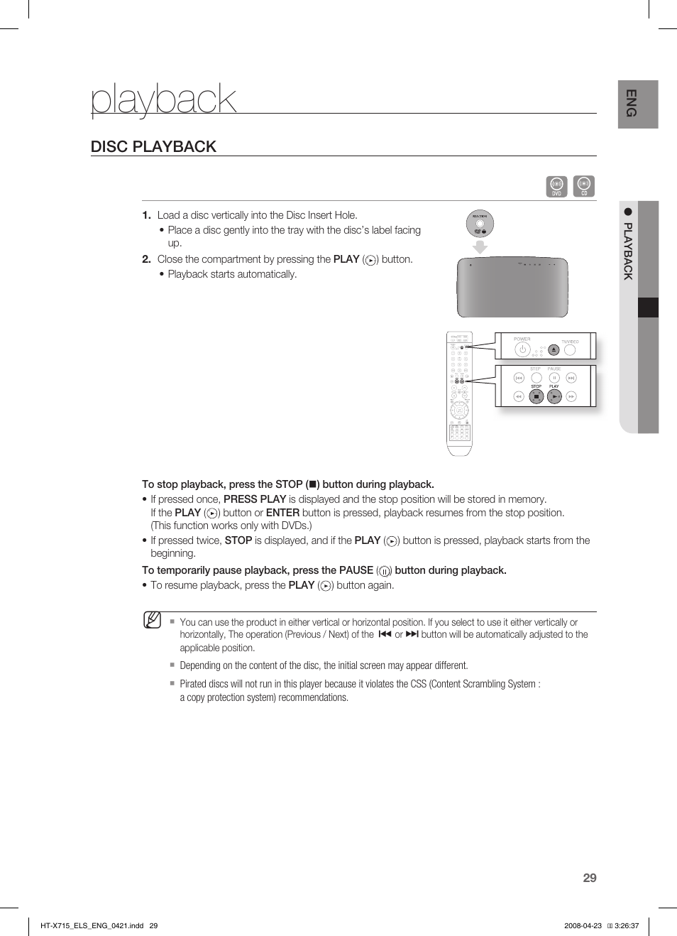 Playback, Disc playback | Samsung HT-TX715 User Manual | Page 29 / 70