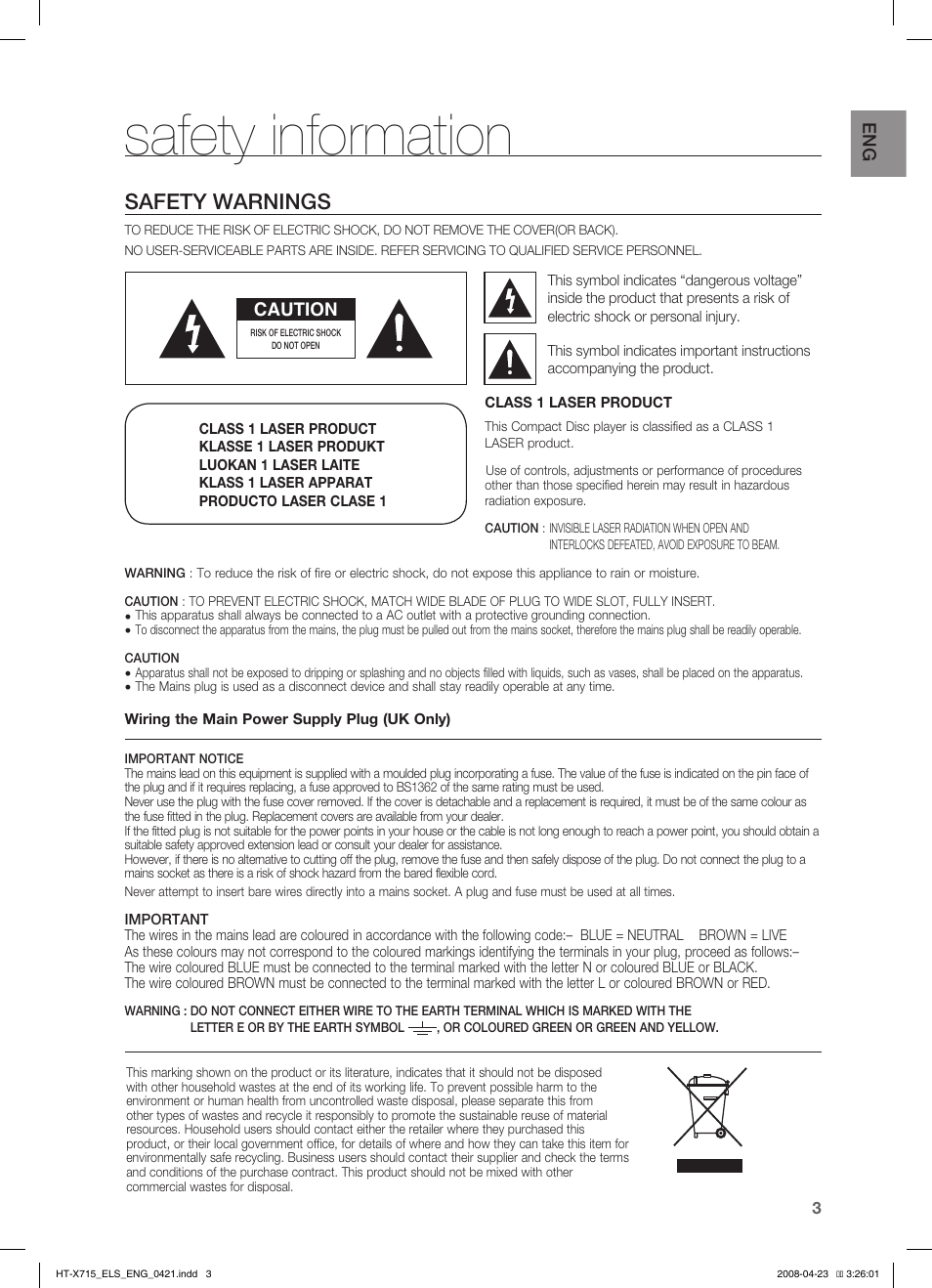 Safety information, Safety warnings, En g | Caution | Samsung HT-TX715 User Manual | Page 3 / 70