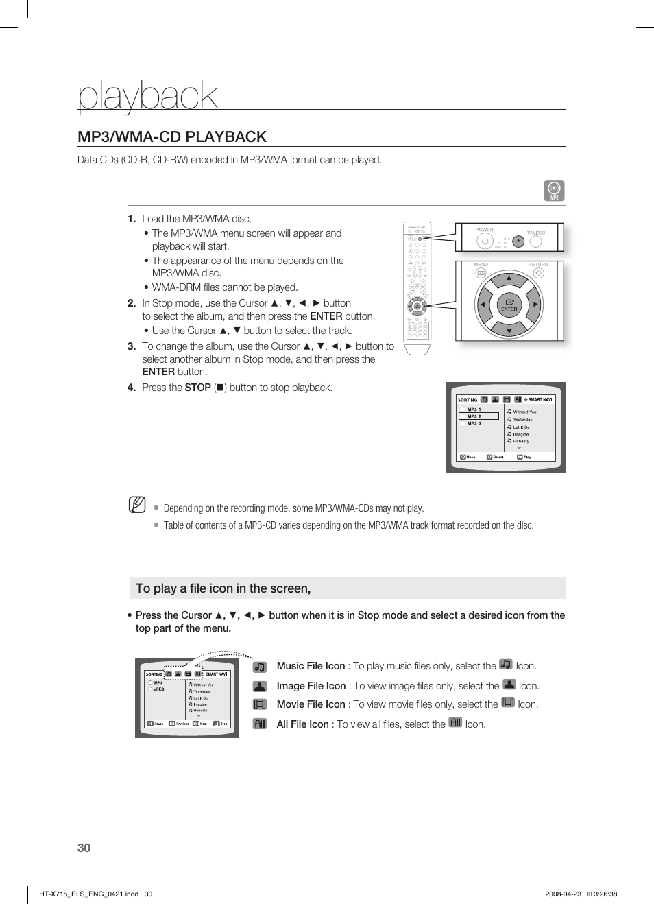 Mp3/wma-cd playback, Playback | Samsung HT-TX715 User Manual | Page 30 / 70