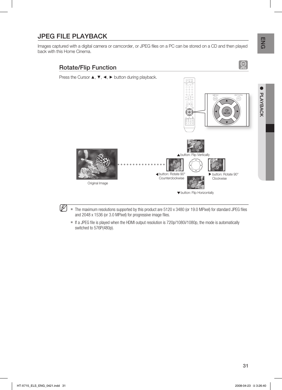 Jpeg file playback, Rotate/flip function | Samsung HT-TX715 User Manual | Page 31 / 70