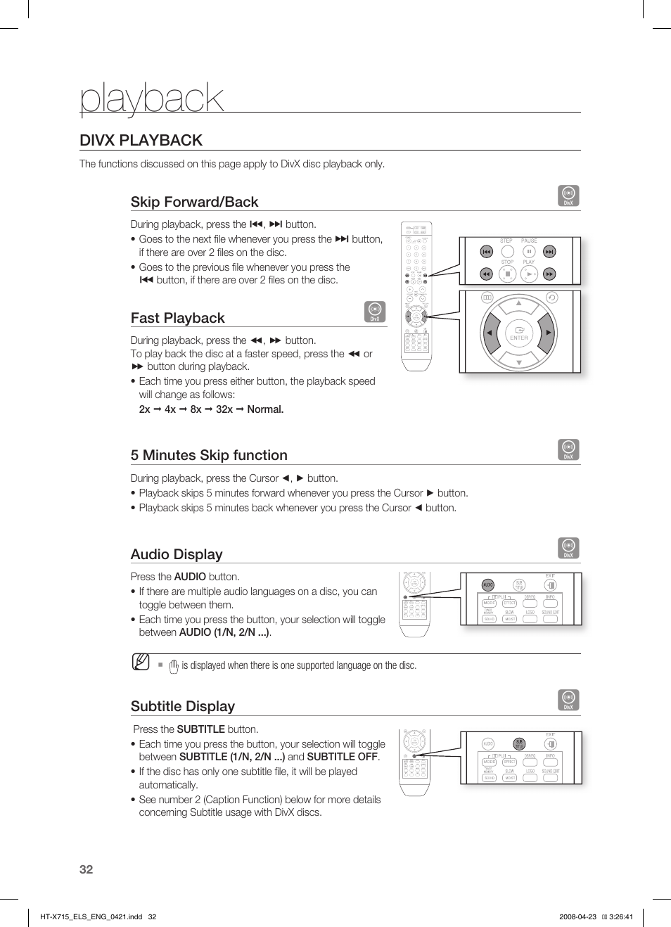 Divx playback, Playback | Samsung HT-TX715 User Manual | Page 32 / 70