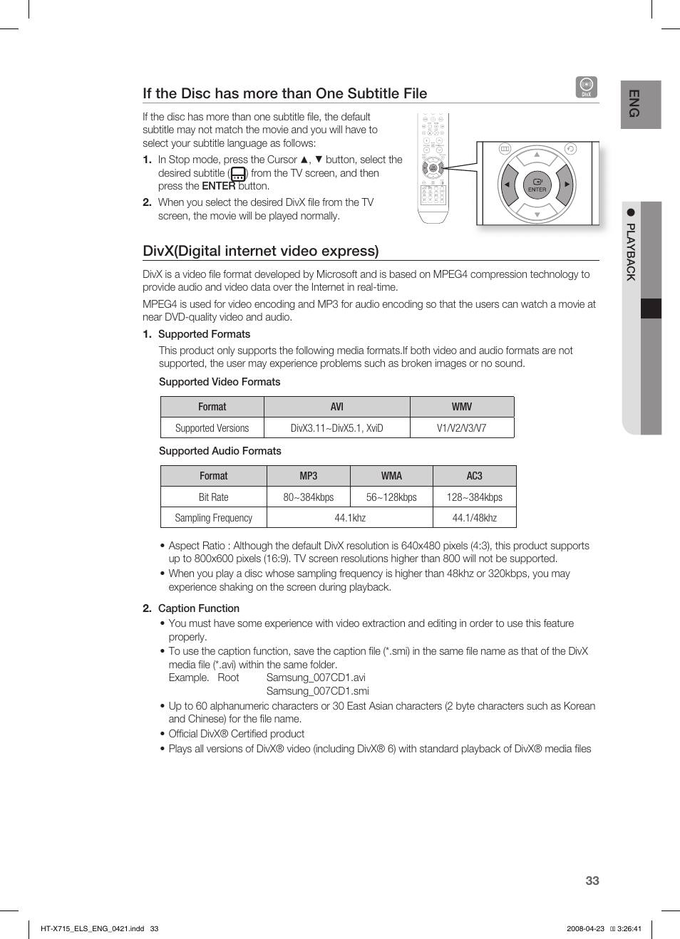If the disc has more than one subtitle file, Divx(digital internet video express) | Samsung HT-TX715 User Manual | Page 33 / 70