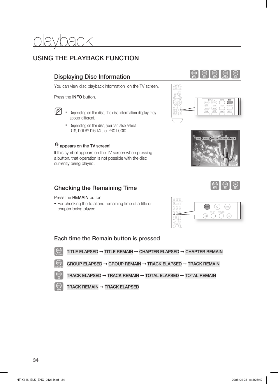 Using the playback function, Displaying disc information, Checking the remaining time | Playback, Bagd | Samsung HT-TX715 User Manual | Page 34 / 70