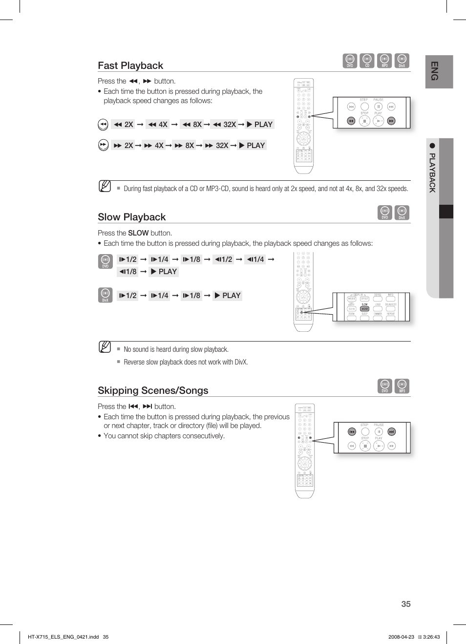 Fast playback, Slow playback | Samsung HT-TX715 User Manual | Page 35 / 70