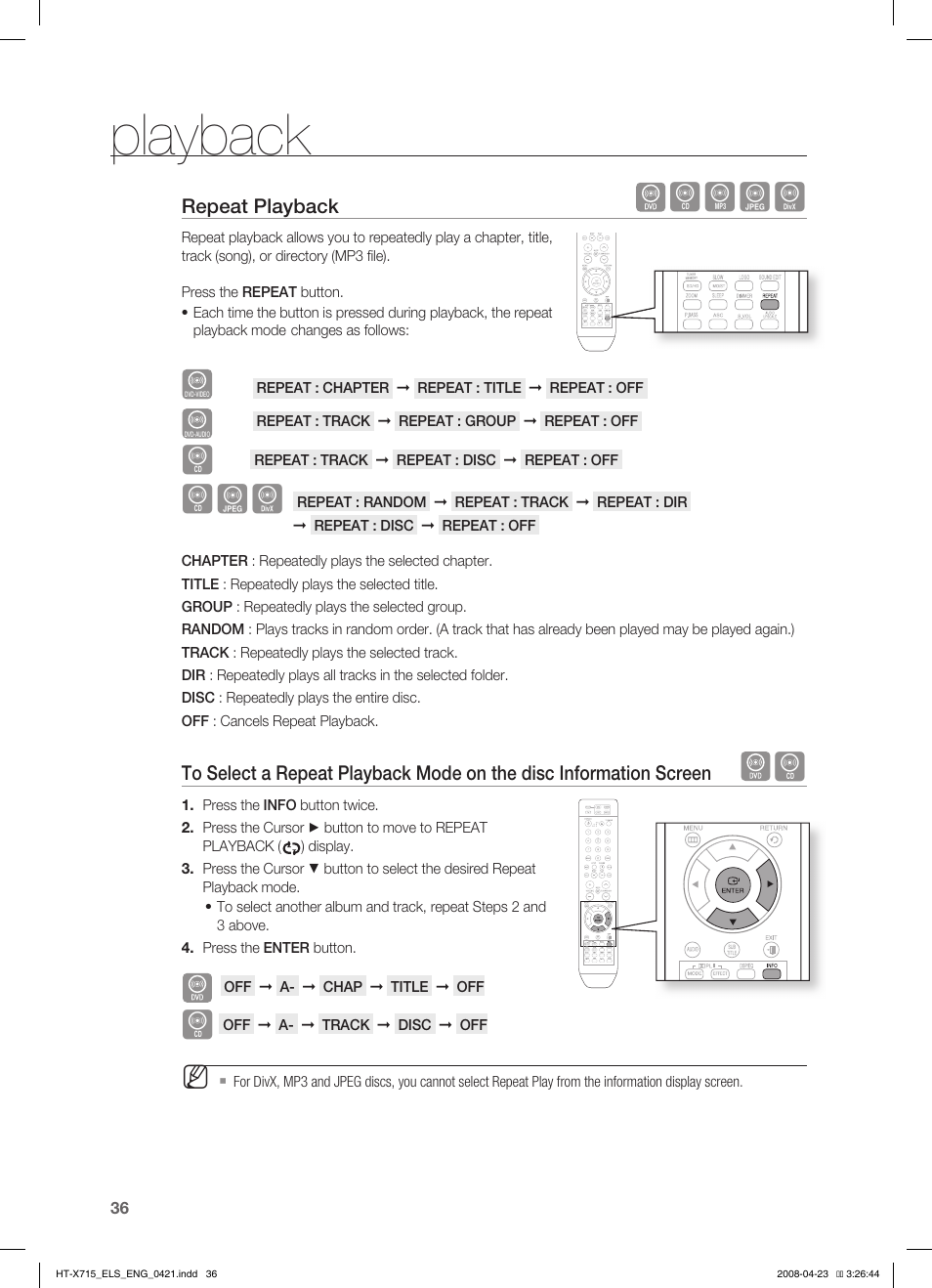 Repeat playback, Playback, Bagd | Samsung HT-TX715 User Manual | Page 36 / 70