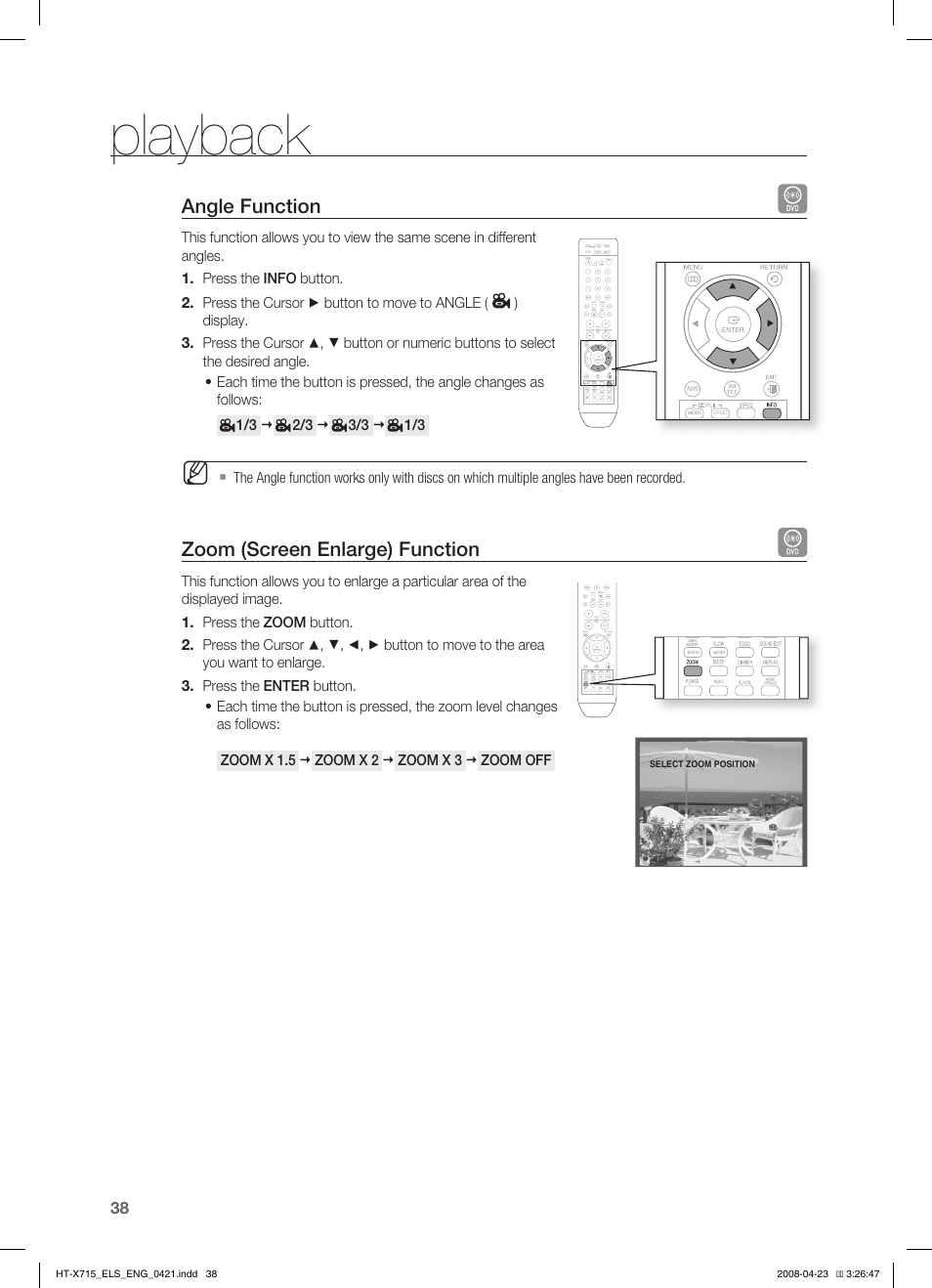 Angle function, Zoom (screen enlarge) function, Playback | Samsung HT-TX715 User Manual | Page 38 / 70