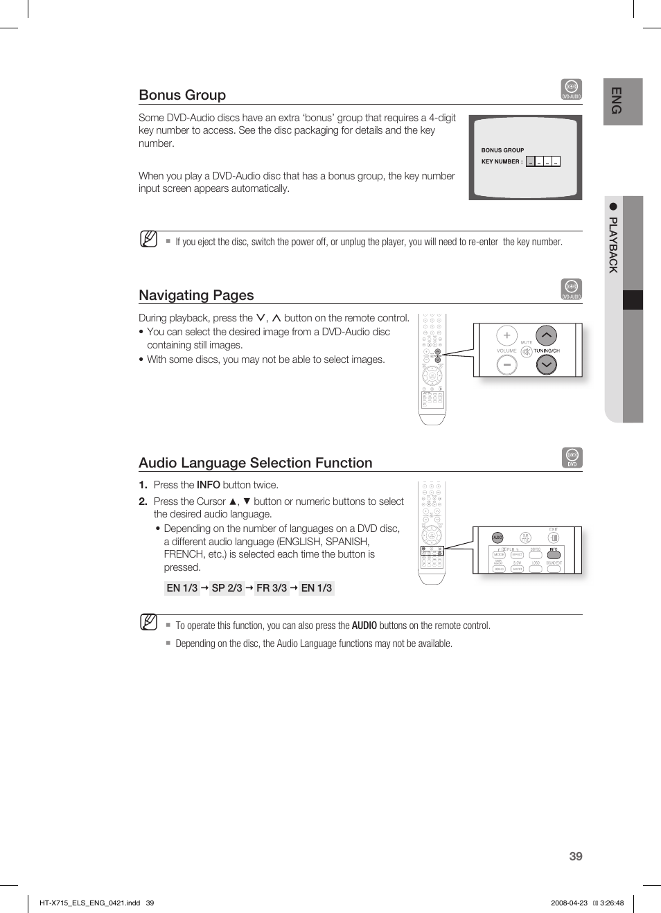 Bonus group, Audio language selection function, Navigating pages | Samsung HT-TX715 User Manual | Page 39 / 70
