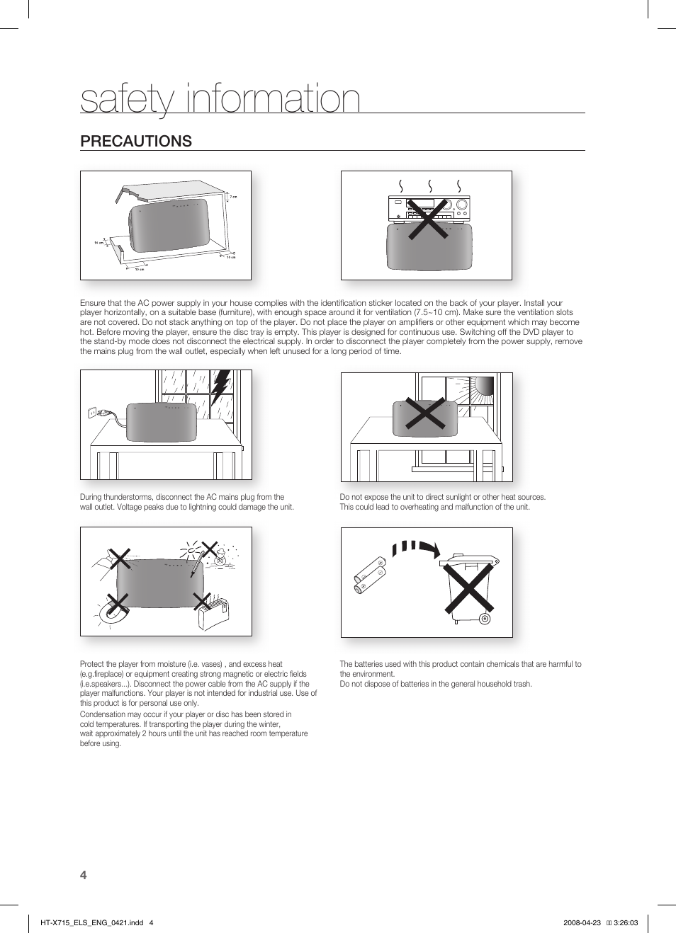 Safety information, Precautions | Samsung HT-TX715 User Manual | Page 4 / 70
