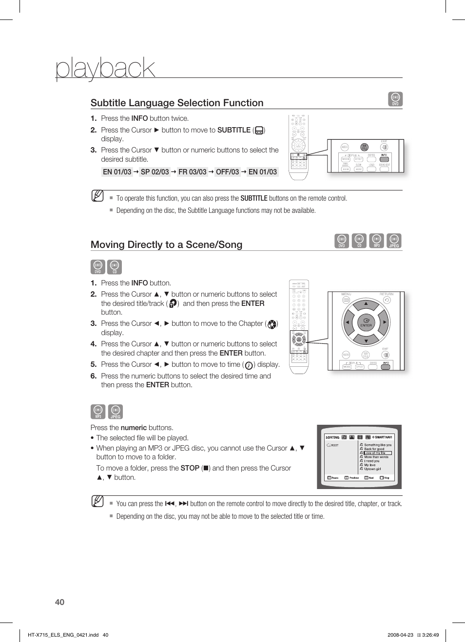Subtitle language selection function, Moving directly to a scene/song, Playback | Samsung HT-TX715 User Manual | Page 40 / 70