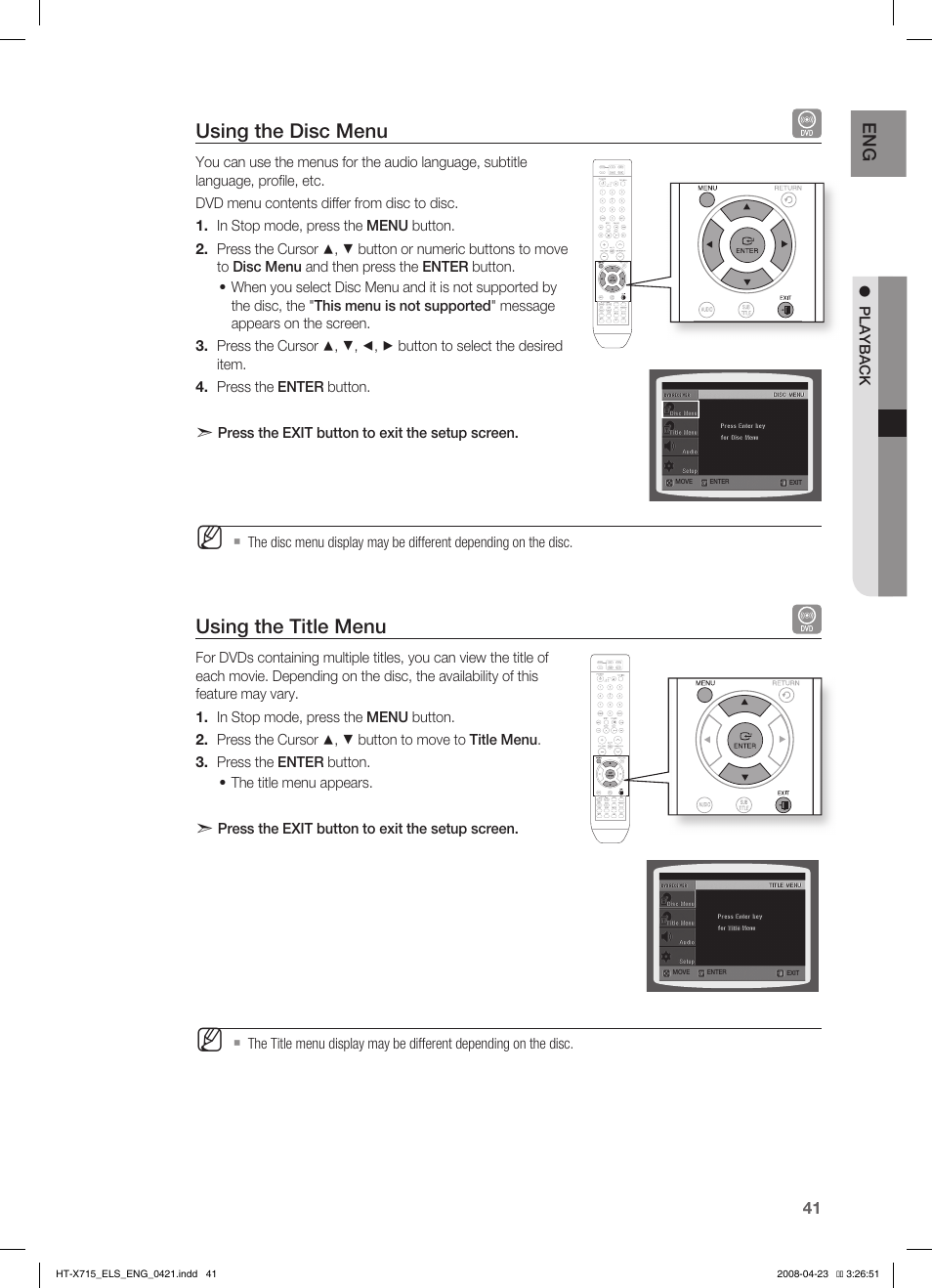 Using the disc menu, Using the title menu | Samsung HT-TX715 User Manual | Page 41 / 70