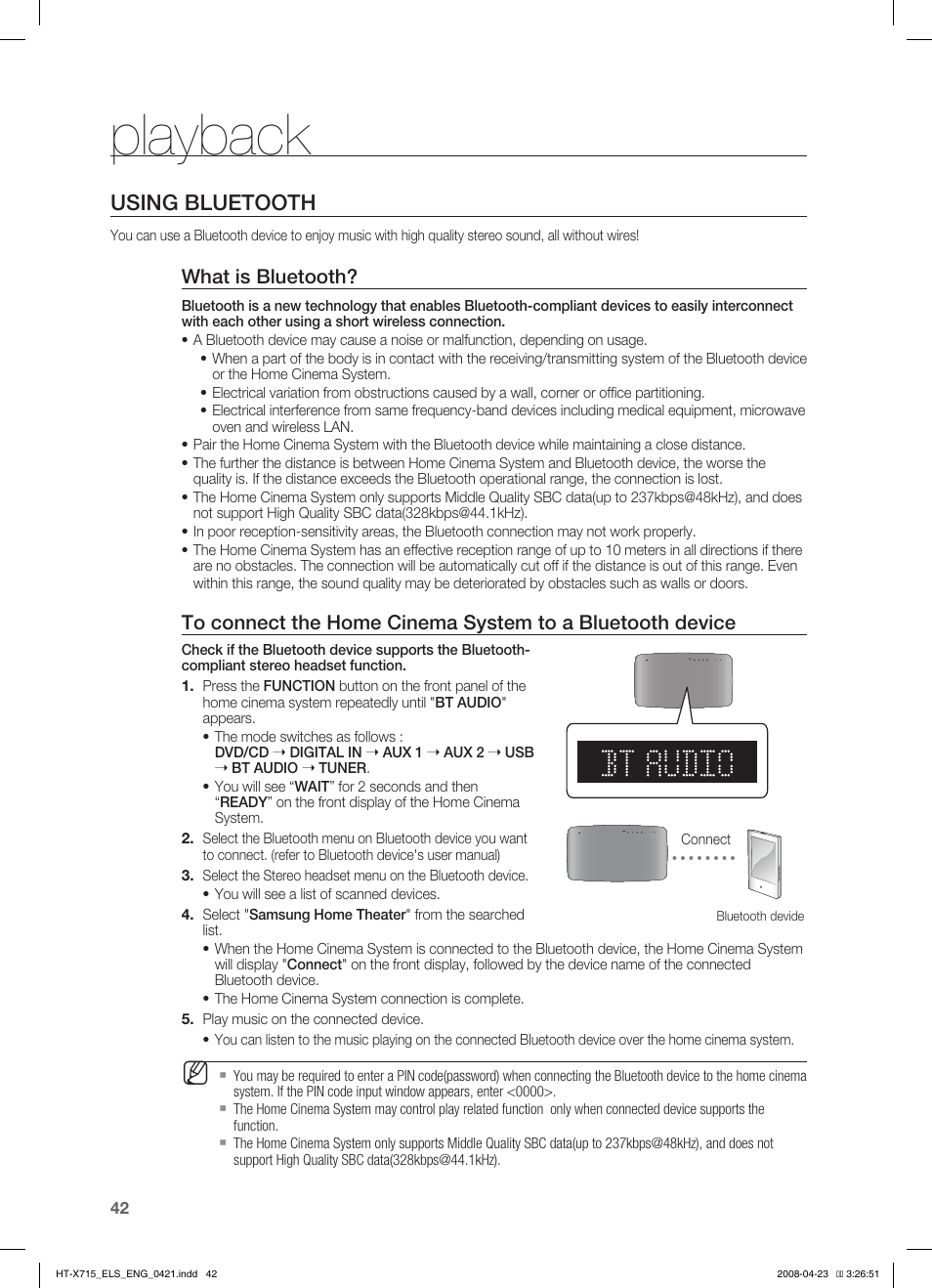 Using bluetooth, Playback, What is bluetooth | Samsung HT-TX715 User Manual | Page 42 / 70