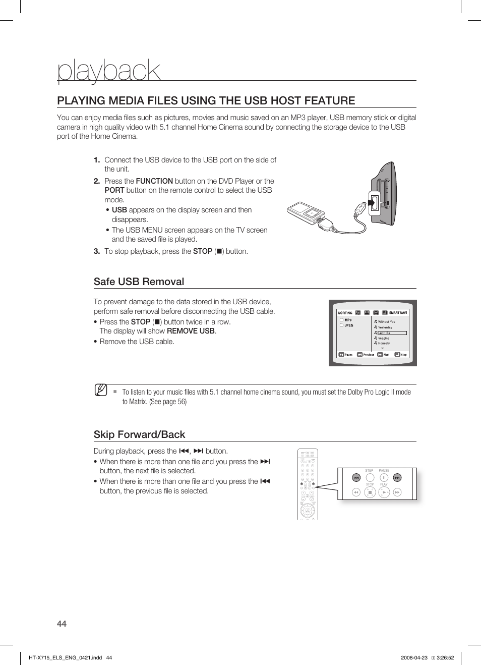 Playing media files using the usb host feature, Playback | Samsung HT-TX715 User Manual | Page 44 / 70
