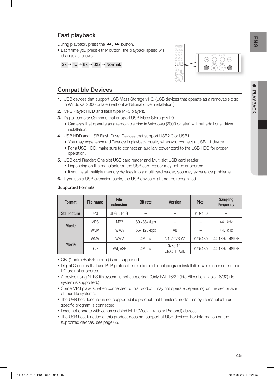 Fast playback, Compatible devices | Samsung HT-TX715 User Manual | Page 45 / 70