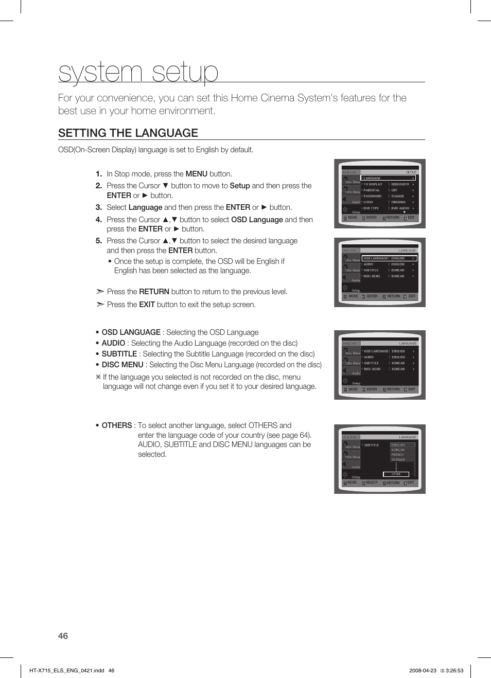 System setup, Seting the language, Setting the language | Samsung HT-TX715 User Manual | Page 46 / 70