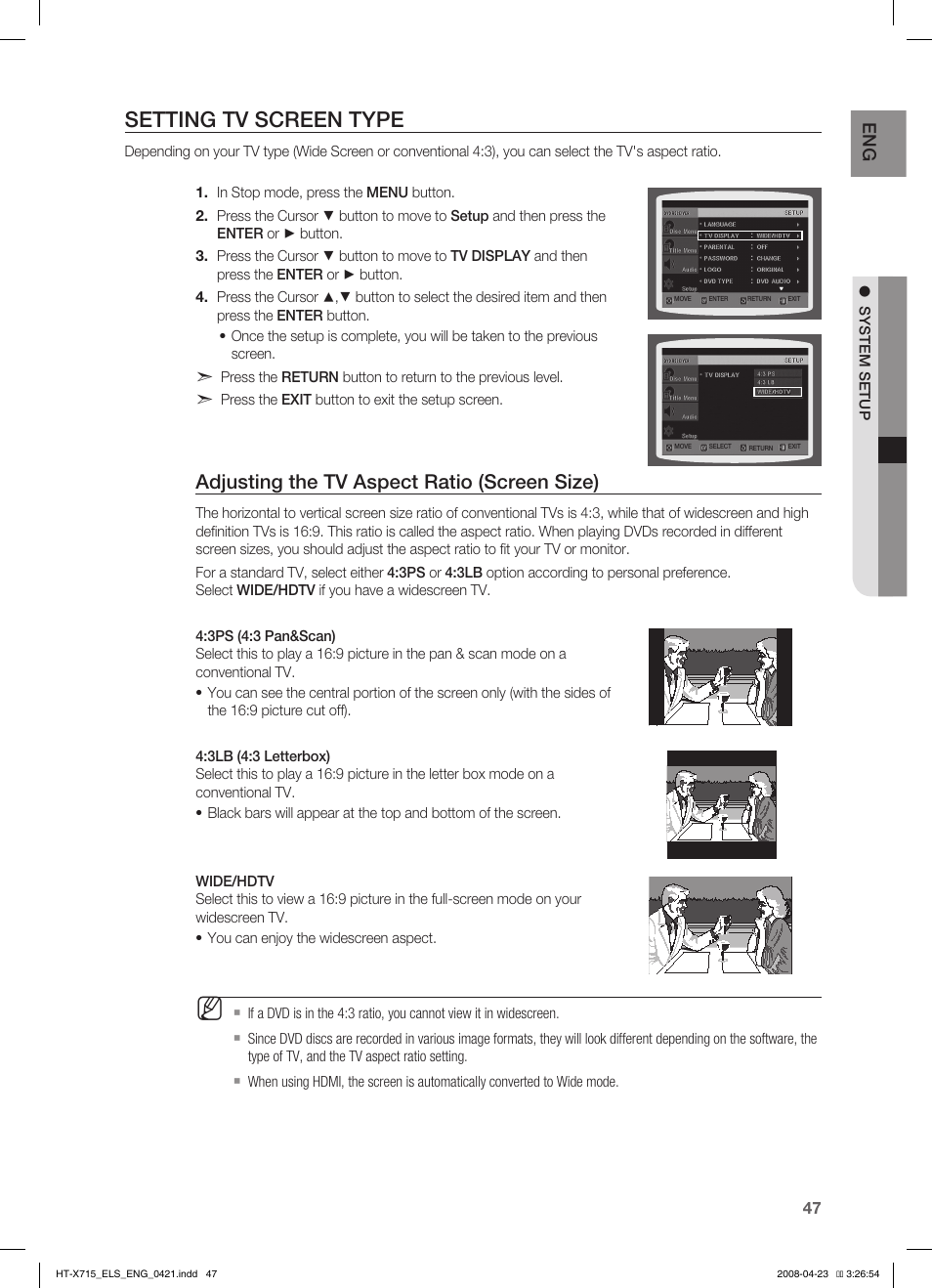 Seting tv screen type, Adjusting the tv aspect ratio (screen size), Setting tv screen type | En g | Samsung HT-TX715 User Manual | Page 47 / 70