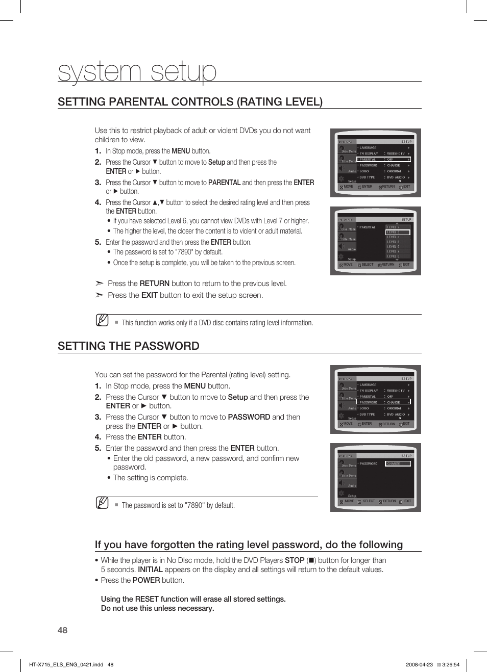 Seting parental controls (rating level), Seting the pasword, System setup | Setting parental controls (rating level), Setting the password | Samsung HT-TX715 User Manual | Page 48 / 70