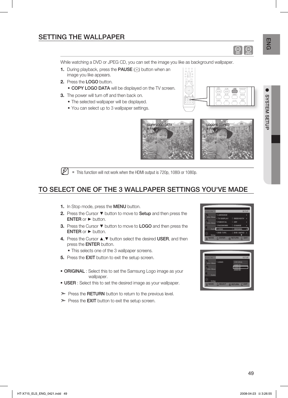 Setting the wallpaper | Samsung HT-TX715 User Manual | Page 49 / 70