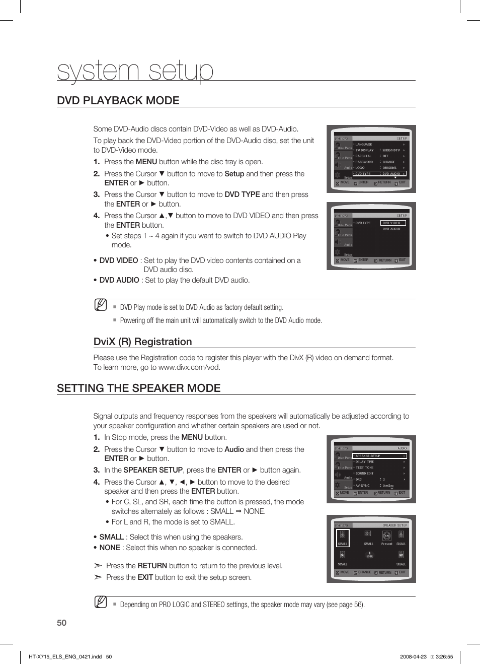 Dvd playback mode, Seting the speaker mode, System setup | Setting the speaker mode, Dvix (r) registration | Samsung HT-TX715 User Manual | Page 50 / 70