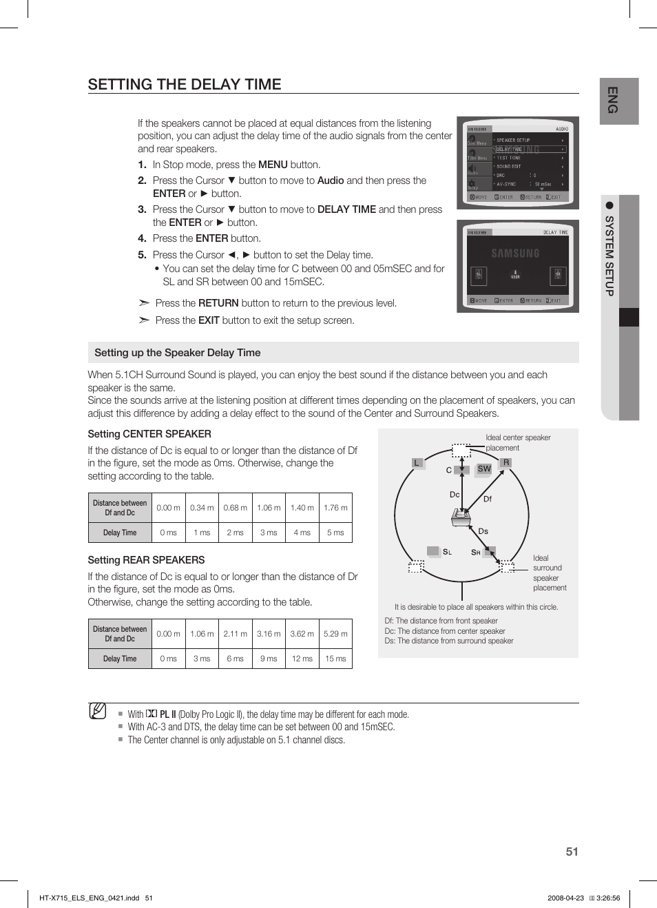 Seting the delay time, Setting the delay time, En g | Samsung HT-TX715 User Manual | Page 51 / 70