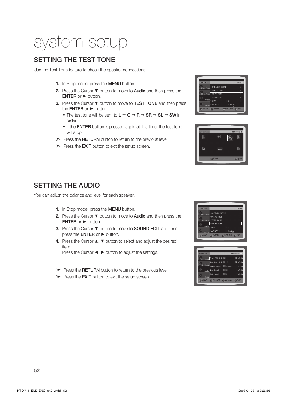 Seting the test tone, Seting the audio, System setup | Setting the test tone, Setting the audio | Samsung HT-TX715 User Manual | Page 52 / 70