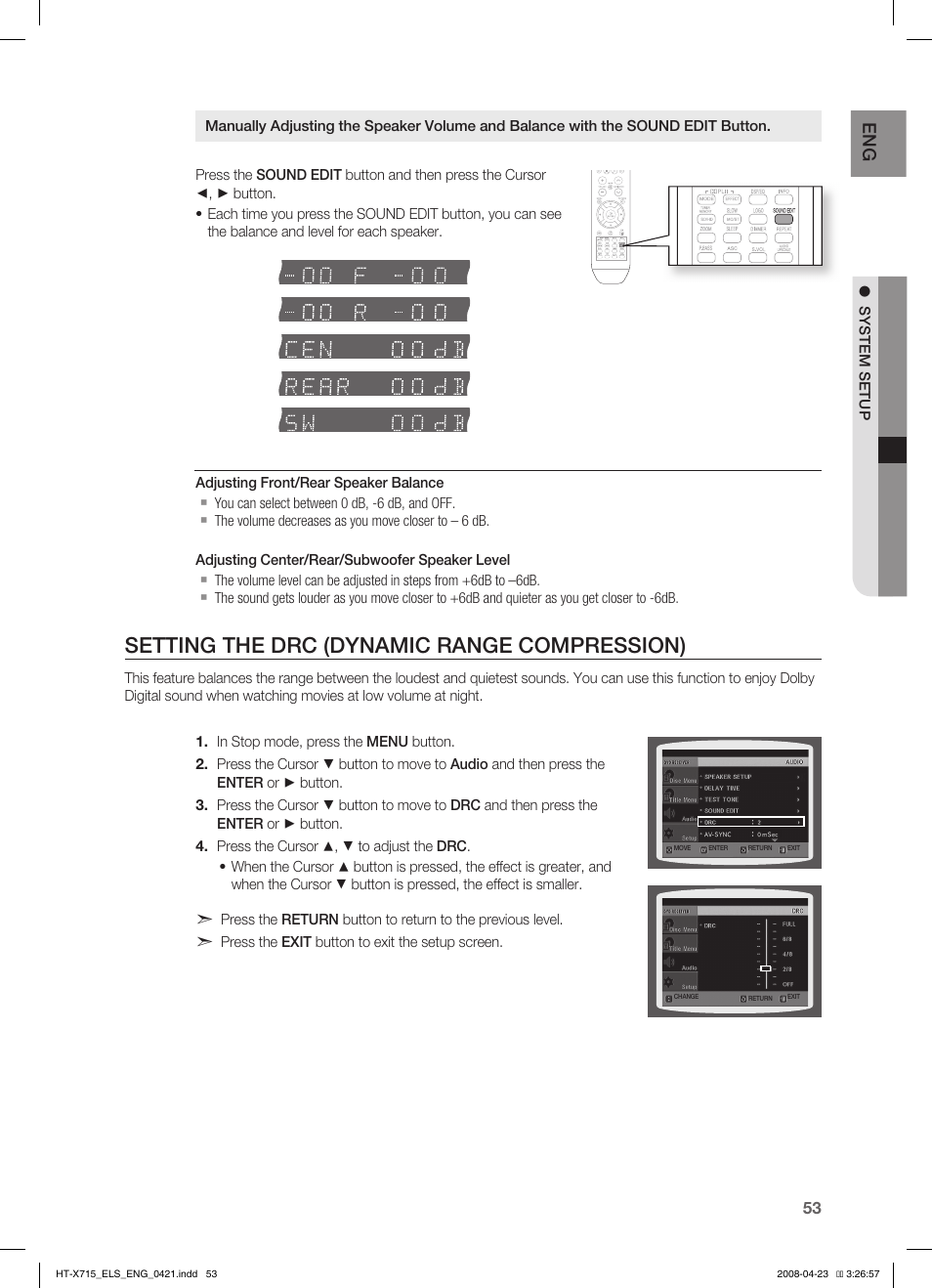 Setting the drc (dynamic range compression) | Samsung HT-TX715 User Manual | Page 53 / 70